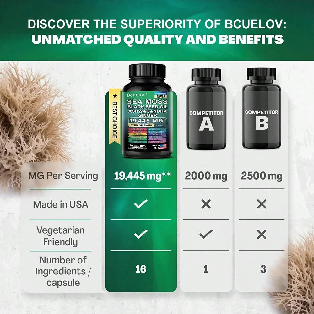 Sea Moss Black Seed Oil Ashwagandha Turmeric Bladderwrack Burdock 2000MG & Ginger Vitamin C Vitamin D3