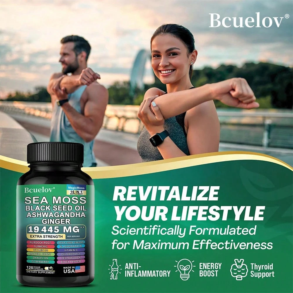 Sea Moss Black Seed Oil Ashwagandha Turmeric Bladderwrack Burdock 2000MG & Ginger Vitamin C Vitamin D3