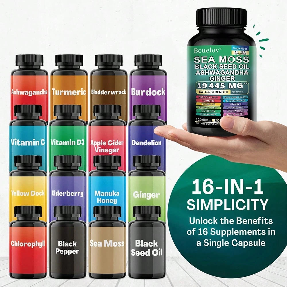Sea Moss Black Seed Oil Ashwagandha Turmeric Bladderwrack Burdock 2000MG & Ginger Vitamin C Vitamin D3