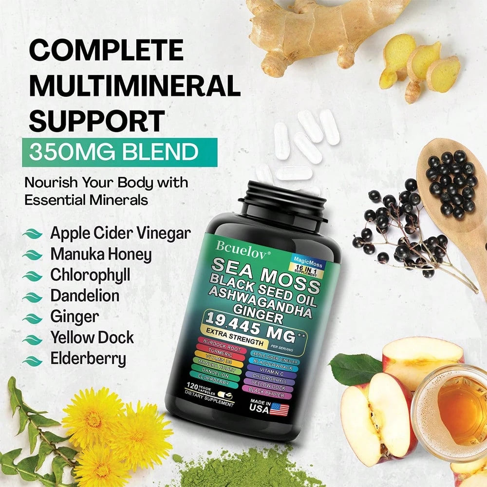Sea Moss Black Seed Oil Ashwagandha Turmeric Bladderwrack Burdock 2000MG & Ginger Vitamin C Vitamin D3