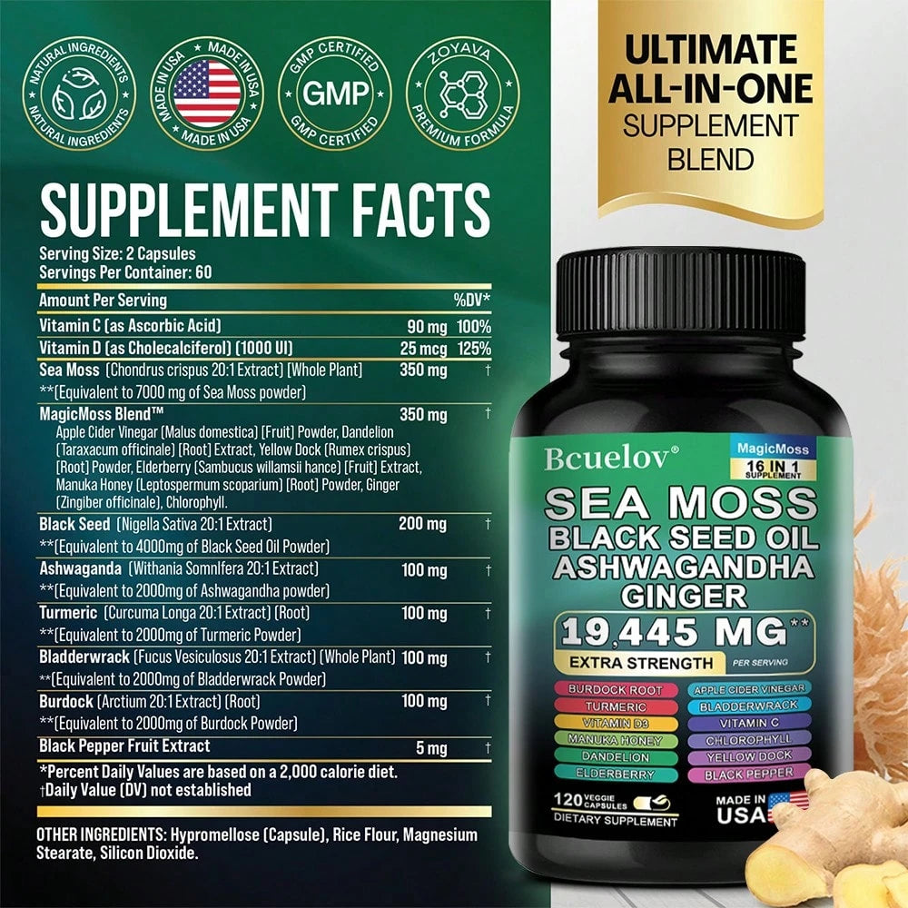 Sea Moss Black Seed Oil Ashwagandha Turmeric Bladderwrack Burdock 2000MG & Ginger Vitamin C Vitamin D3