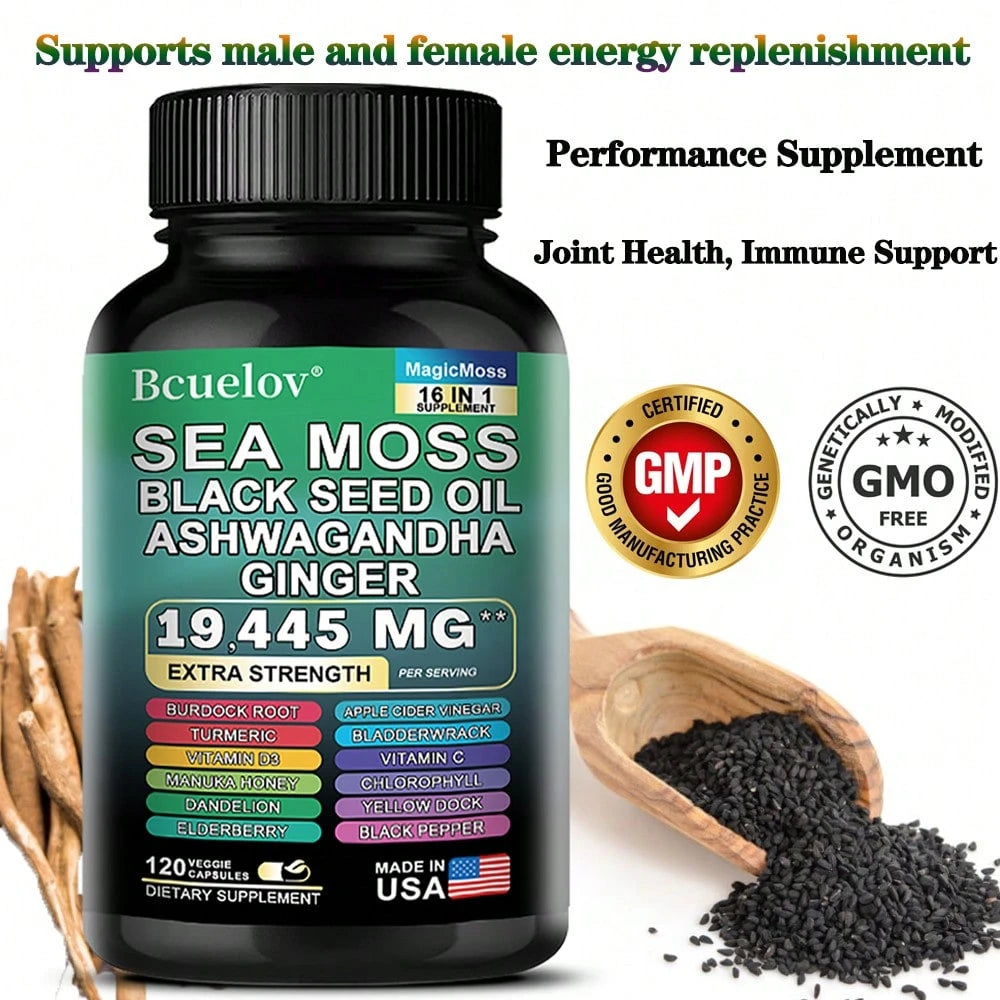 Sea Moss Black Seed Oil Ashwagandha Turmeric Bladderwrack Burdock 2000MG & Ginger Vitamin C Vitamin D3