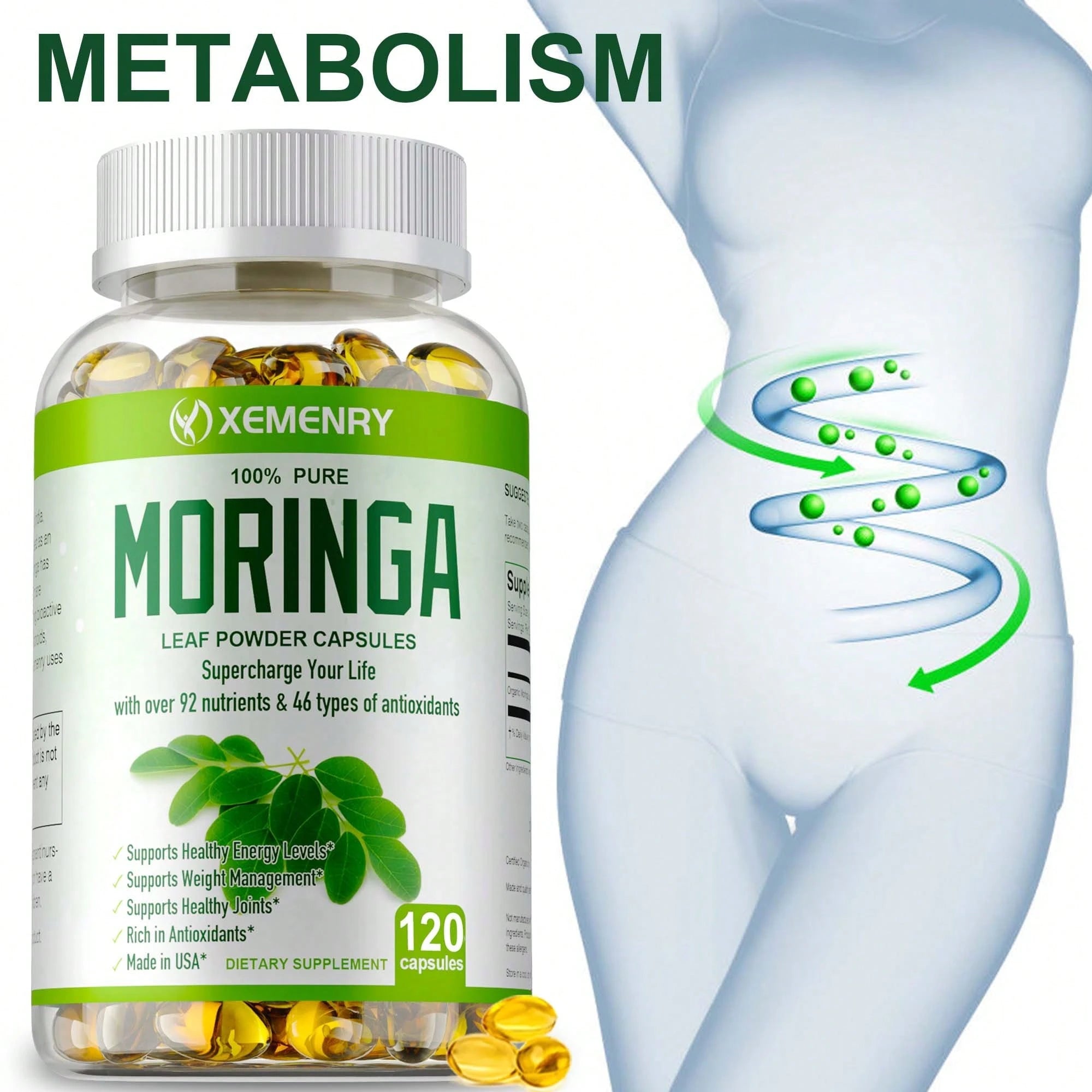 XEMENRY Moringa Capsules 1000mg -Weight Loss, Green Superfood, Metabolism