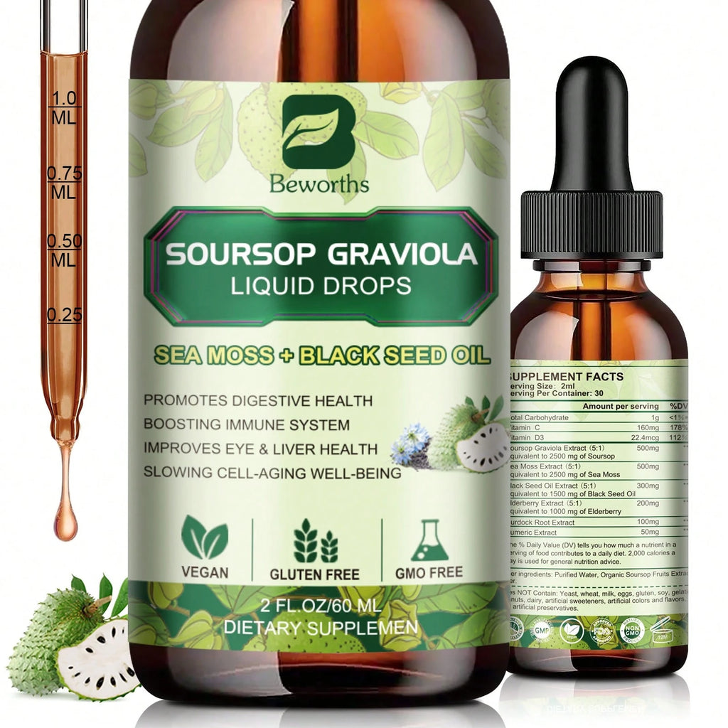 B BEWORTHS Soursop Bitters Liquid Drops, Soursop Graviola Leaf Extract Multivitamin Drops With Sea Moss Black Seed Oil Supplement