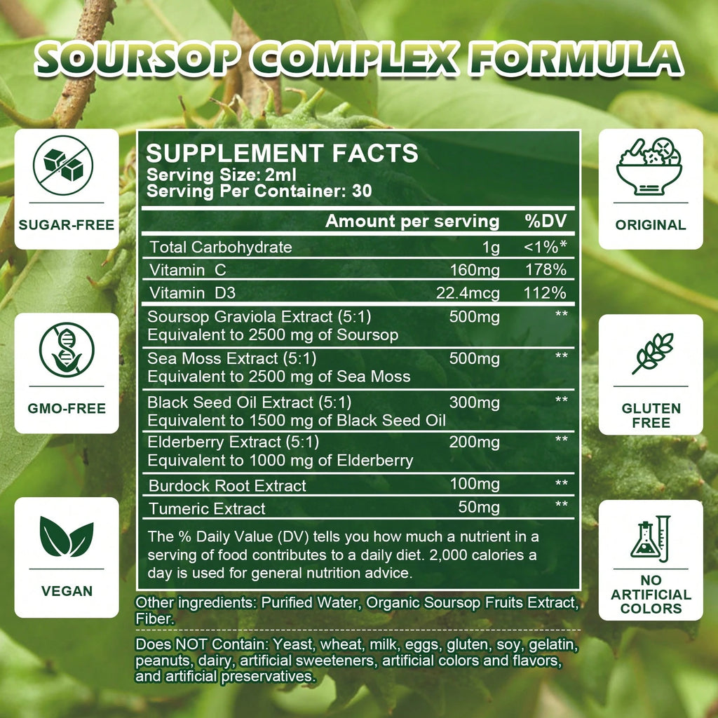 B BEWORTHS Soursop Bitters Liquid Drops, Soursop Graviola Leaf Extract Multivitamin Drops With Sea Moss Black Seed Oil Supplement