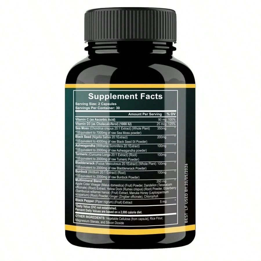 Sea Moss Capsules - Seaweed 7000 Mg + Black Seed Oil 4000 Mg + Cress 2000 Mg + Turmeric 2000 Mg + Burdock 2000 Mg + Ginger Vitamin C Vitamin D3