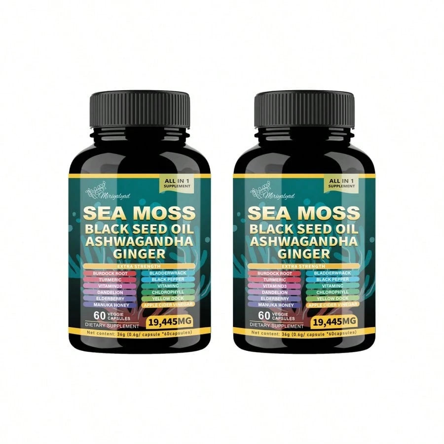 Sea Moss Capsules - Seaweed 7000 Mg + Black Seed Oil 4000 Mg + Cress 2000 Mg + Turmeric 2000 Mg + Burdock 2000 Mg + Ginger Vitamin C Vitamin D3