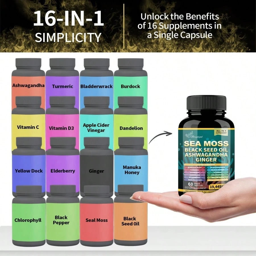 Sea Moss Capsules - Seaweed 7000 Mg + Black Seed Oil 4000 Mg + Cress 2000 Mg + Turmeric 2000 Mg + Burdock 2000 Mg + Ginger Vitamin C Vitamin D3