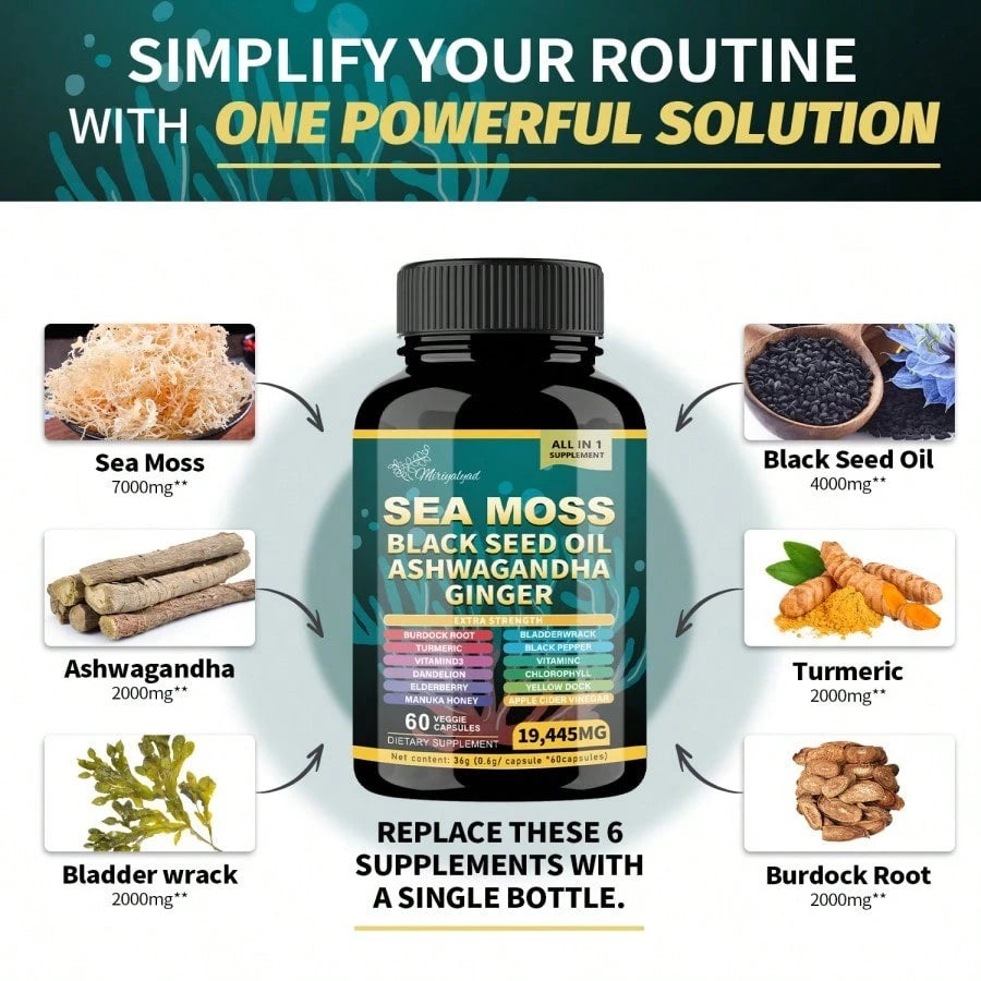Sea Moss Capsules - Seaweed 7000 Mg + Black Seed Oil 4000 Mg + Cress 2000 Mg + Turmeric 2000 Mg + Burdock 2000 Mg + Ginger Vitamin C Vitamin D3