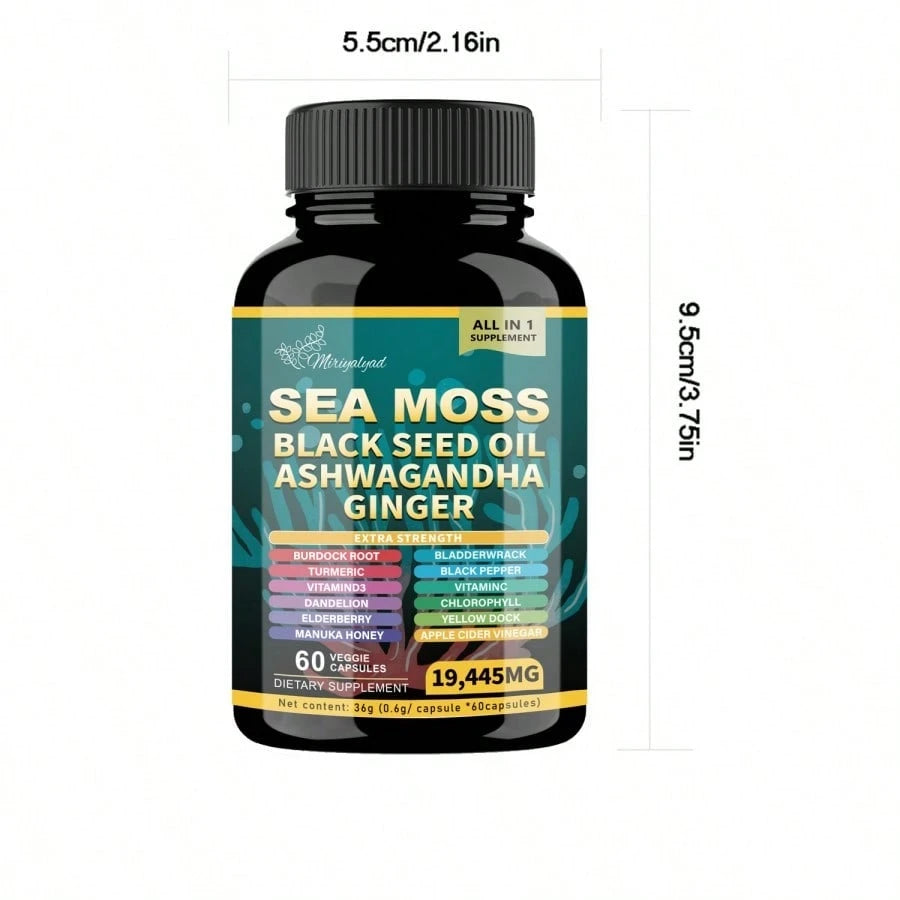 Sea Moss Capsules - Seaweed 7000 Mg + Black Seed Oil 4000 Mg + Cress 2000 Mg + Turmeric 2000 Mg + Burdock 2000 Mg + Ginger Vitamin C Vitamin D3