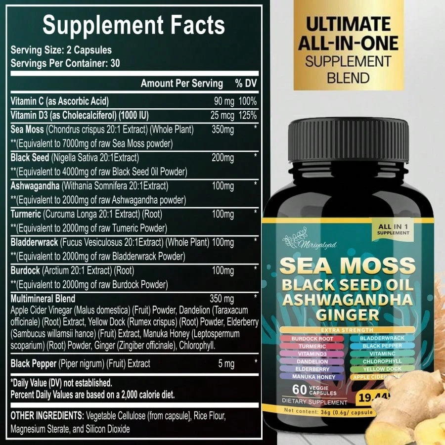 Sea Moss Capsules - Seaweed 7000 Mg + Black Seed Oil 4000 Mg + Cress 2000 Mg + Turmeric 2000 Mg + Burdock 2000 Mg + Ginger Vitamin C Vitamin D3
