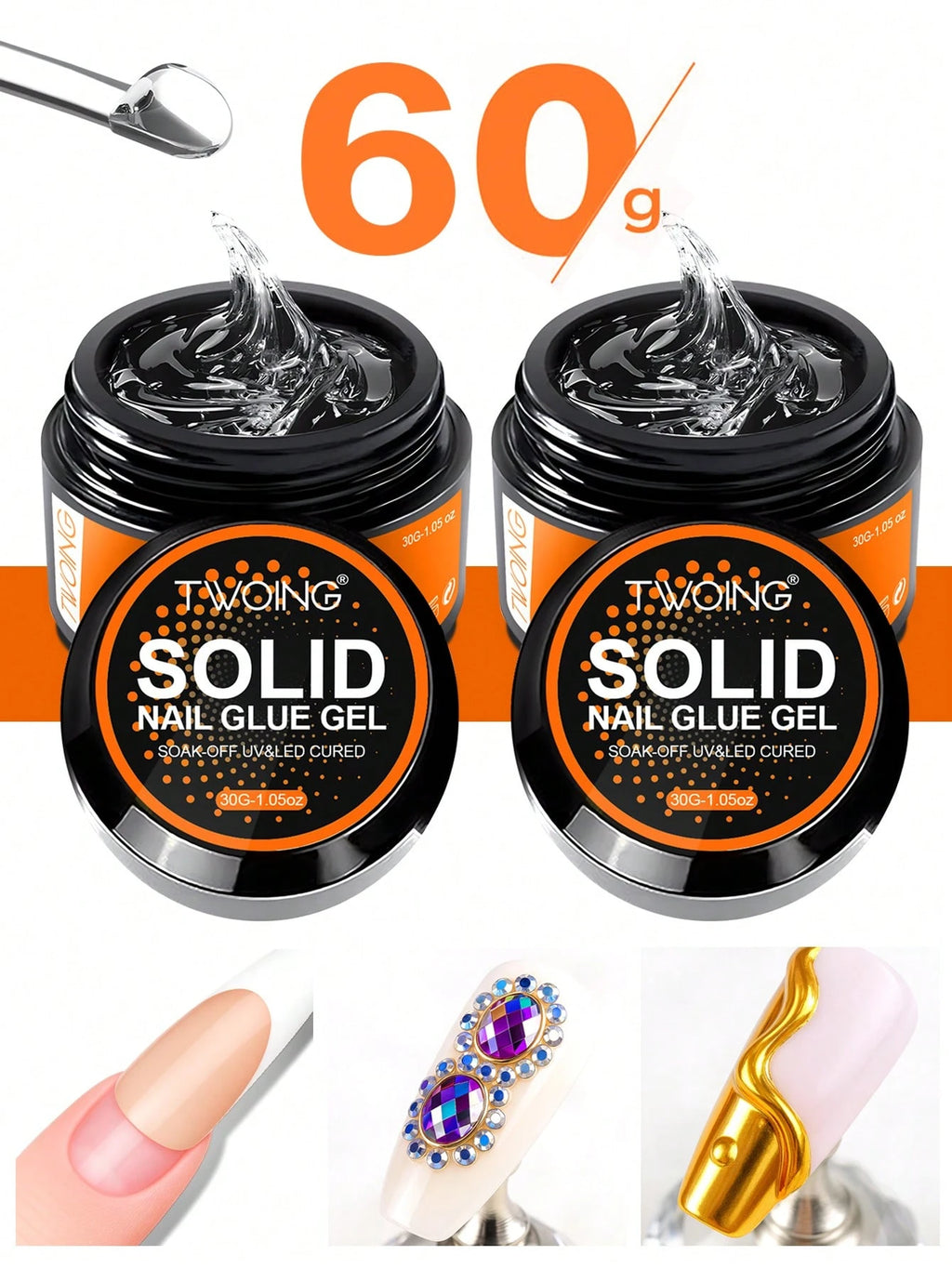 TWOING 2 Bottles Solid Nail Glue Gel Set, Extra Large Capacity Strong Adhesive For Press-On Nails, False Nail Tips & Rhinestones,