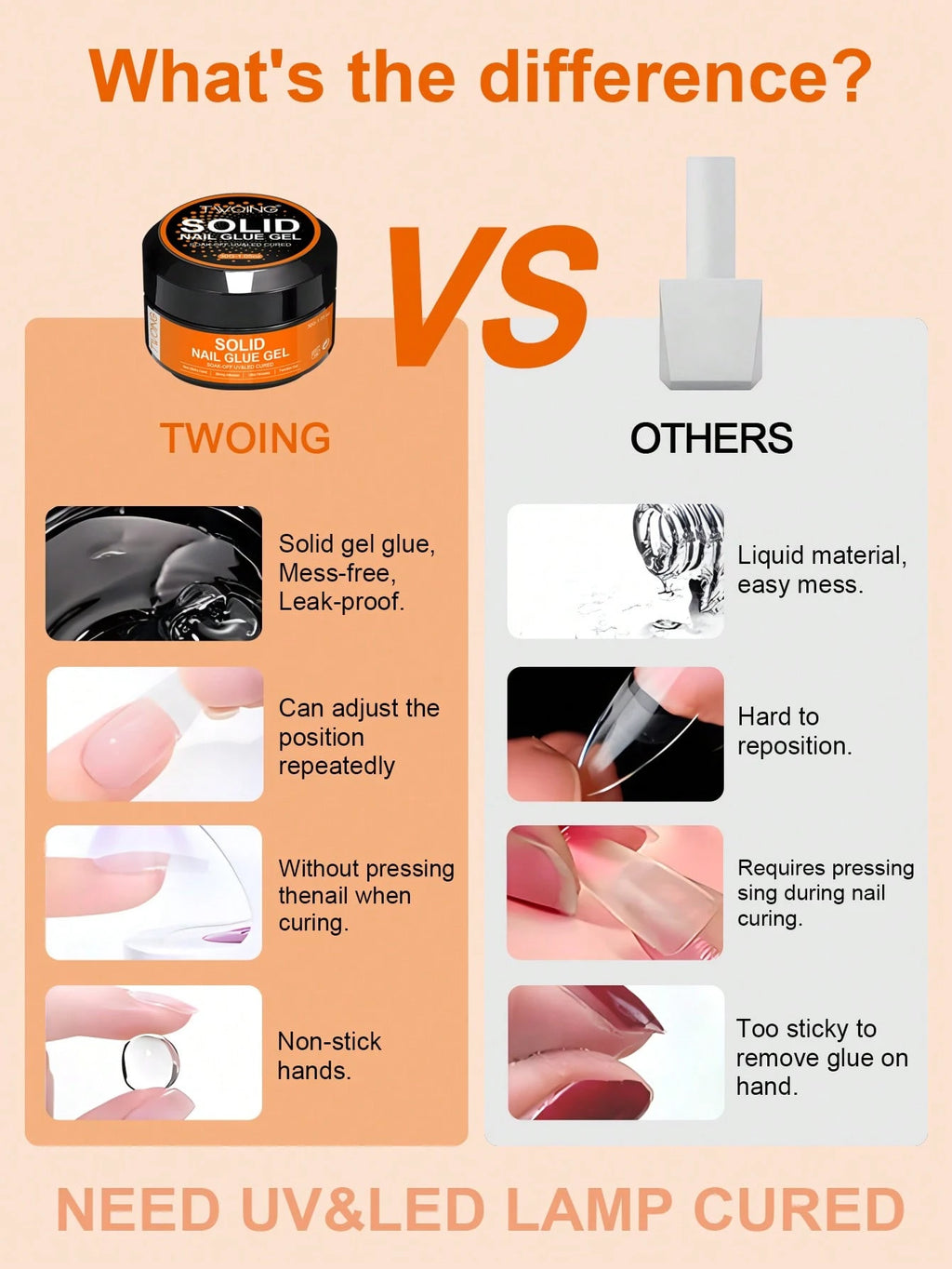 TWOING 2 Bottles Solid Nail Glue Gel Set, Extra Large Capacity Strong Adhesive For Press-On Nails, False Nail Tips & Rhinestones,