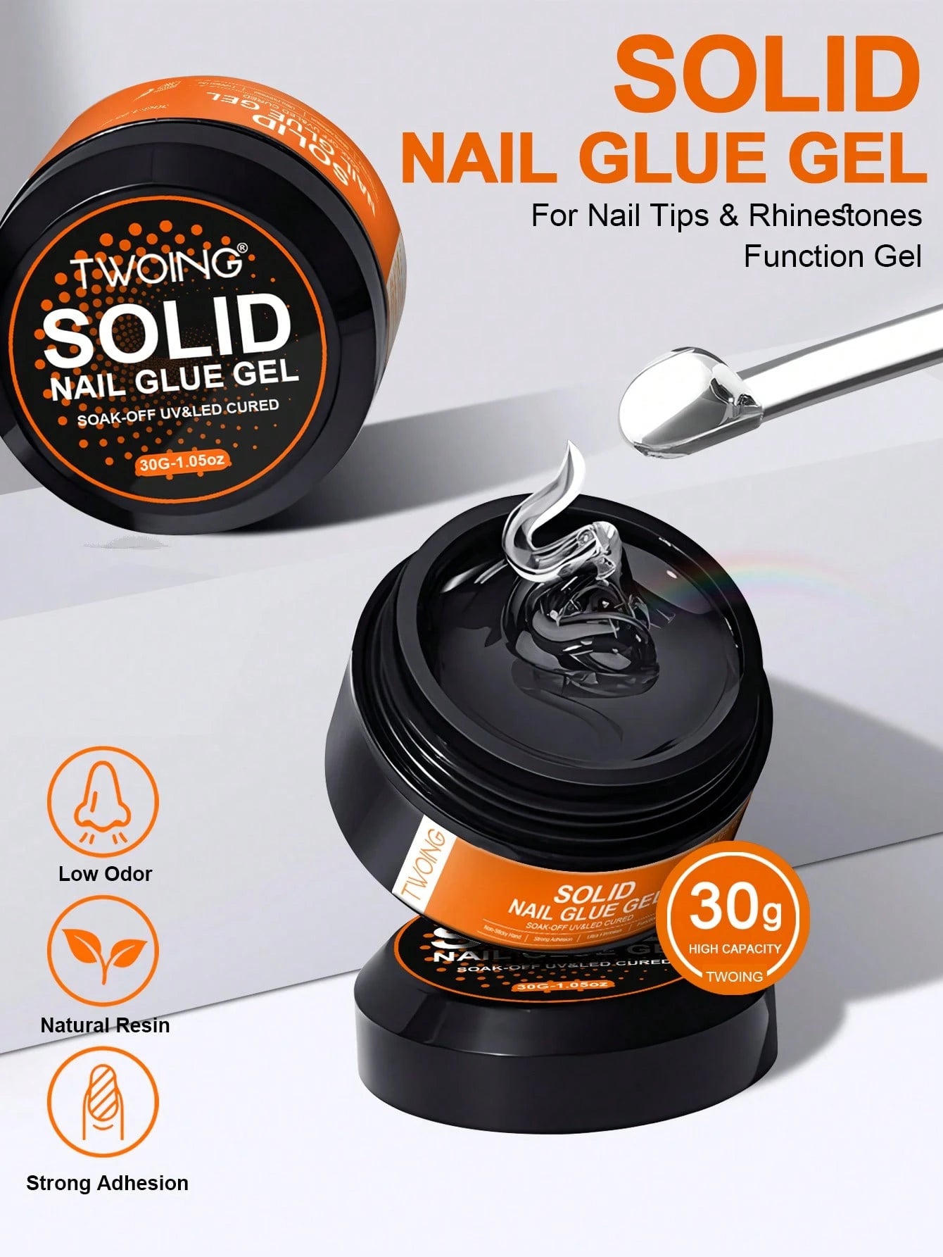 TWOING 2 Bottles Solid Nail Glue Gel Set, Extra Large Capacity Strong Adhesive For Press-On Nails, False Nail Tips & Rhinestones,