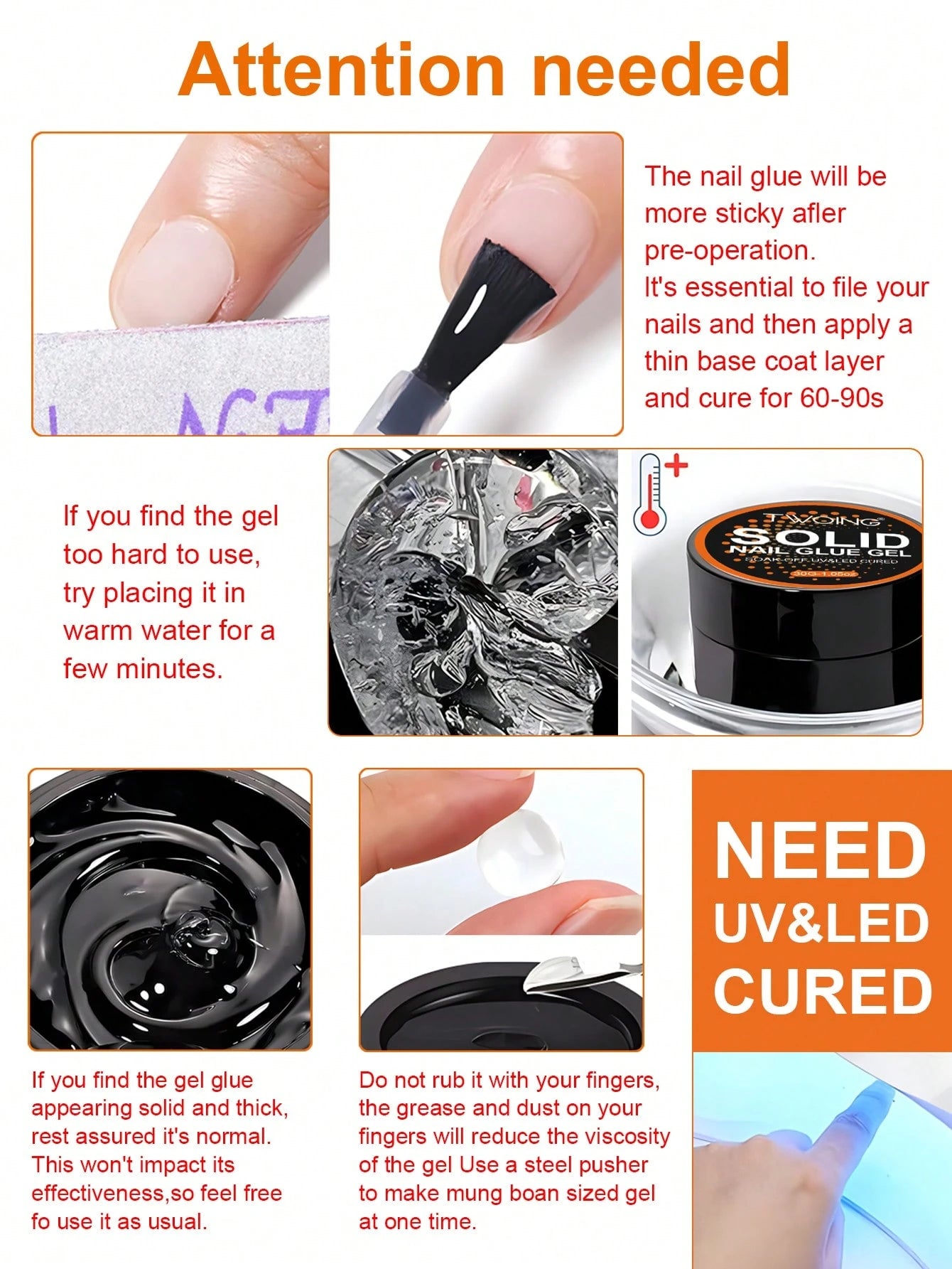 TWOING 2 Bottles Solid Nail Glue Gel Set, Extra Large Capacity Strong Adhesive For Press-On Nails, False Nail Tips & Rhinestones,