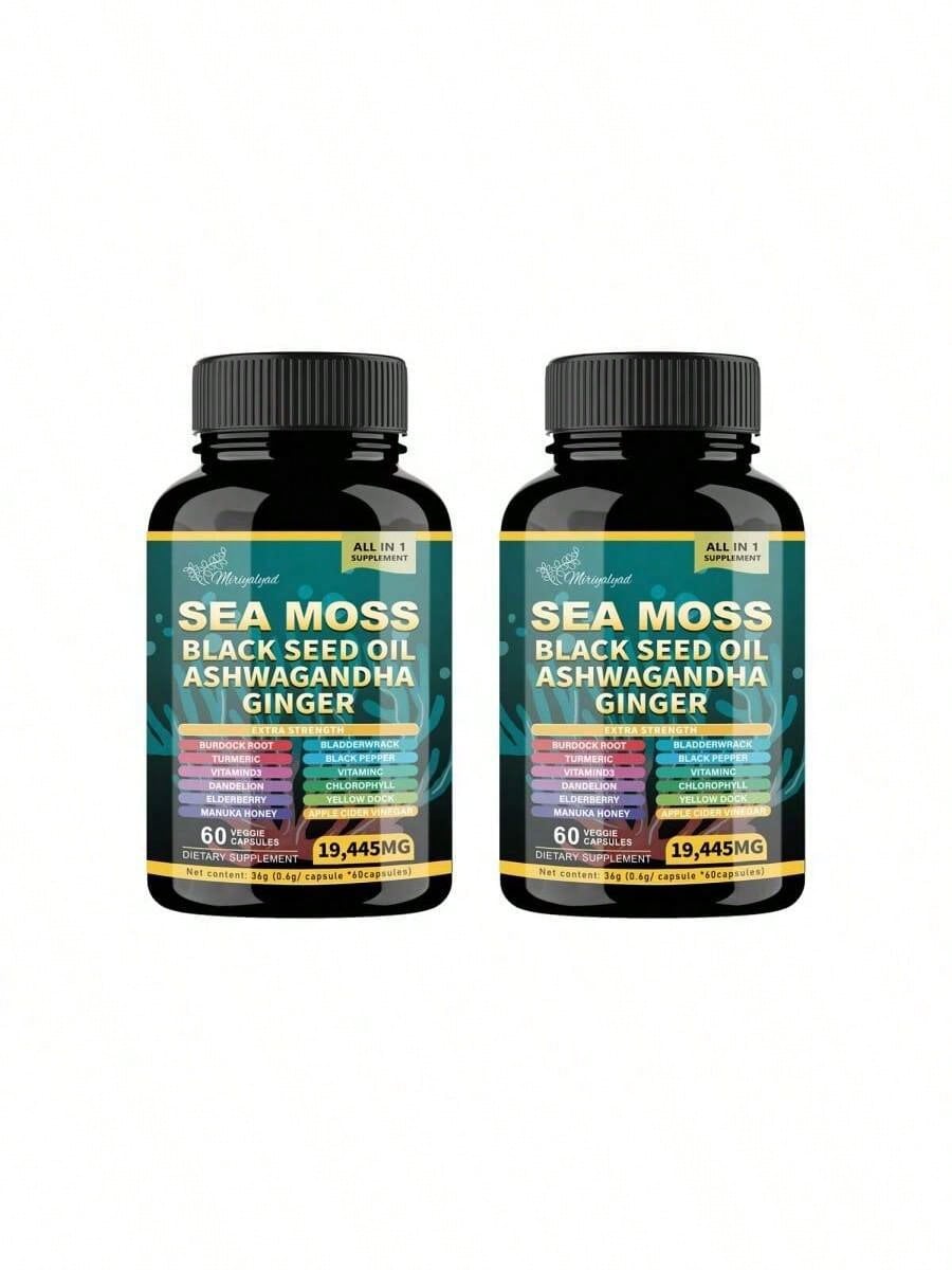 Sea Moss Capsules - Seaweed 7000 Mg + Black Seed Oil 4000 Mg + Cress 2000 Mg + Turmeric 2000 Mg + Burdock 2000 Mg + Ginger Vitamin C Vitamin D3