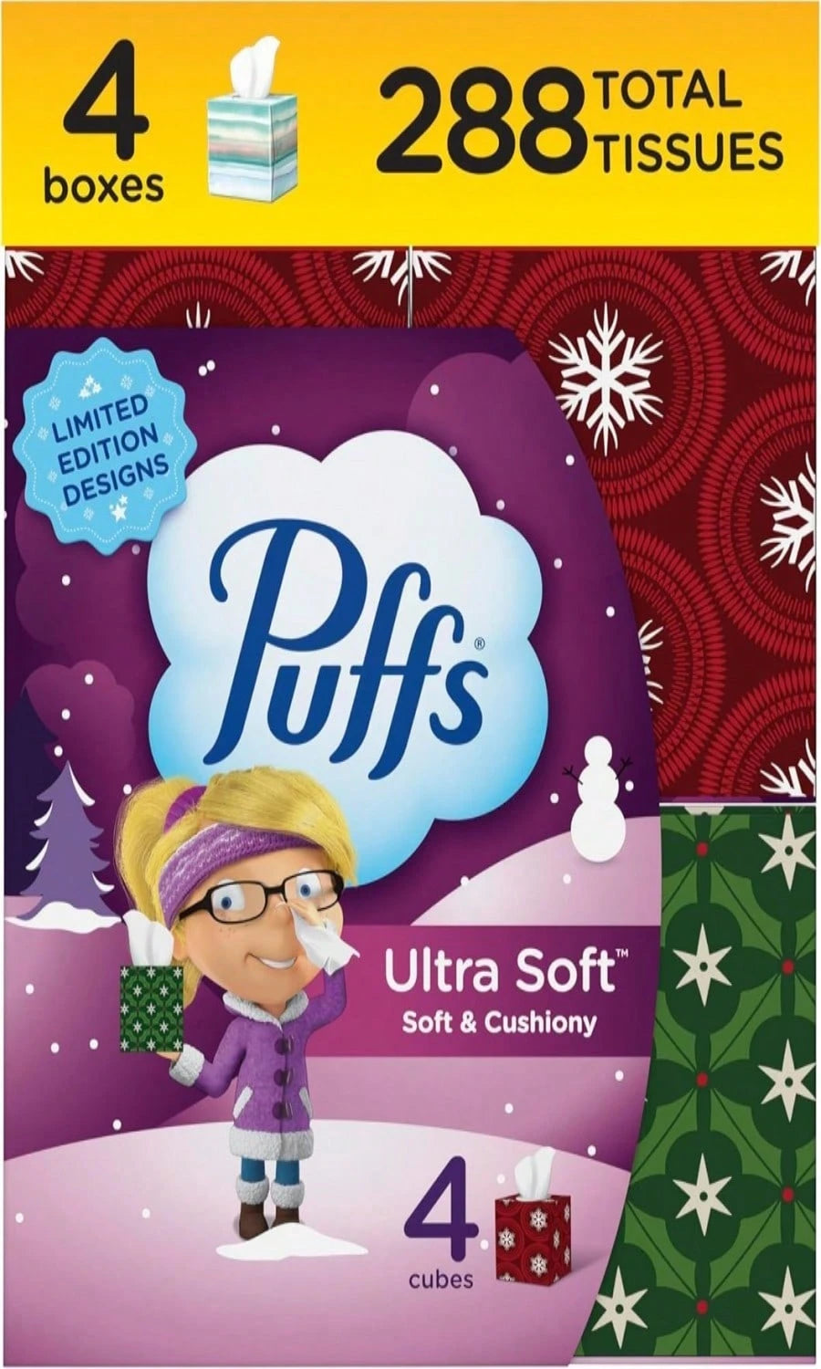 Puffs Ultra Soft Facial Tissues, 4 Mega Cube Box, 72 Facial Tissues Per Box Free Shipping
