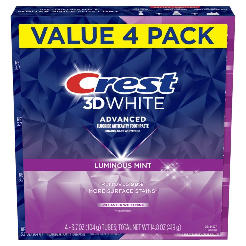 Crest 3D White Advanced Luminous Mint Teeth Whitening Toothpaste, Crest Toothpaste, 3.7 oz Pack of 4