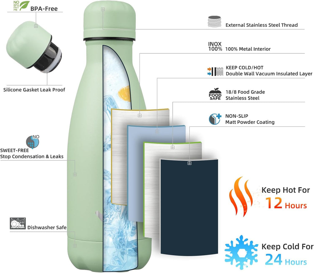 Insulated Water Bottles,12 oz Double Wall Stainless Steel Vacumm Metal Flask for Sports Travel,Macaron Green