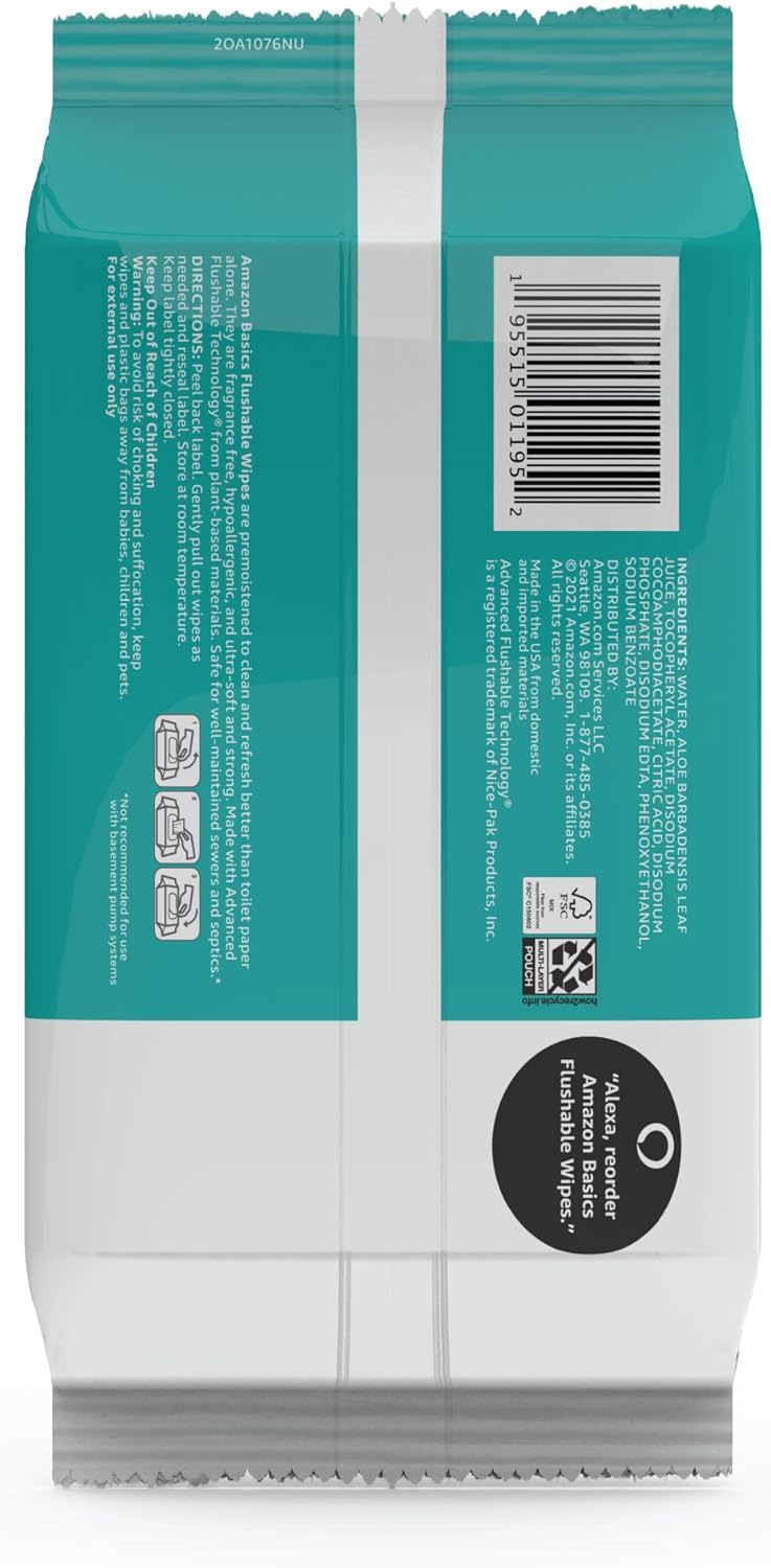 Flushable Adult Toilet Wipes, Fragrance Free, 42 Count (Pack of 8) (Total 336 wipes) (Previously Solimo)