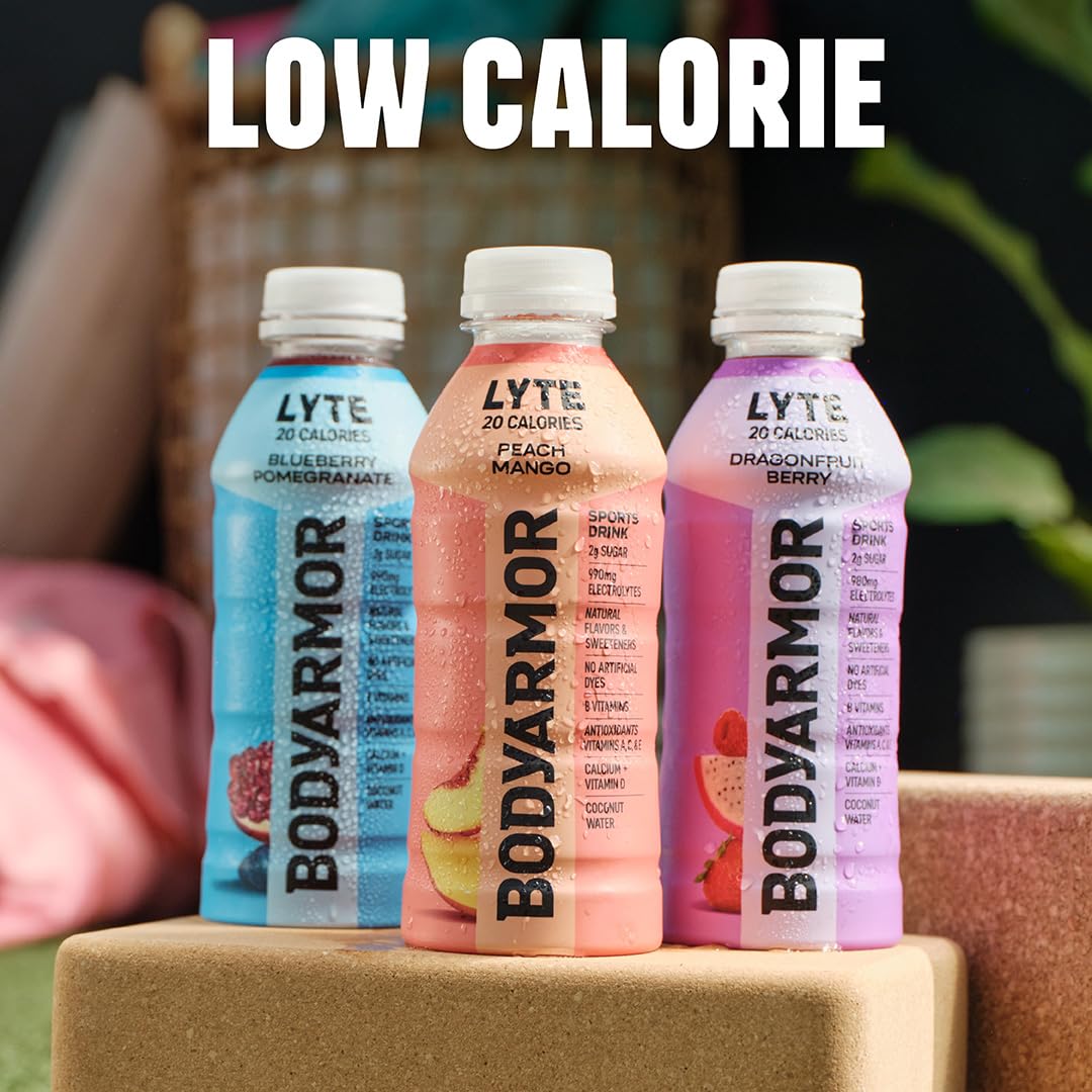 BODYARMOR LYTE, Peach Mango, Electrolyte Drink, 15 Calories, 12 Fl Oz Bottles (8 Pack), Coconut Water Sports Drink, Natural Flavor & B Vitamins