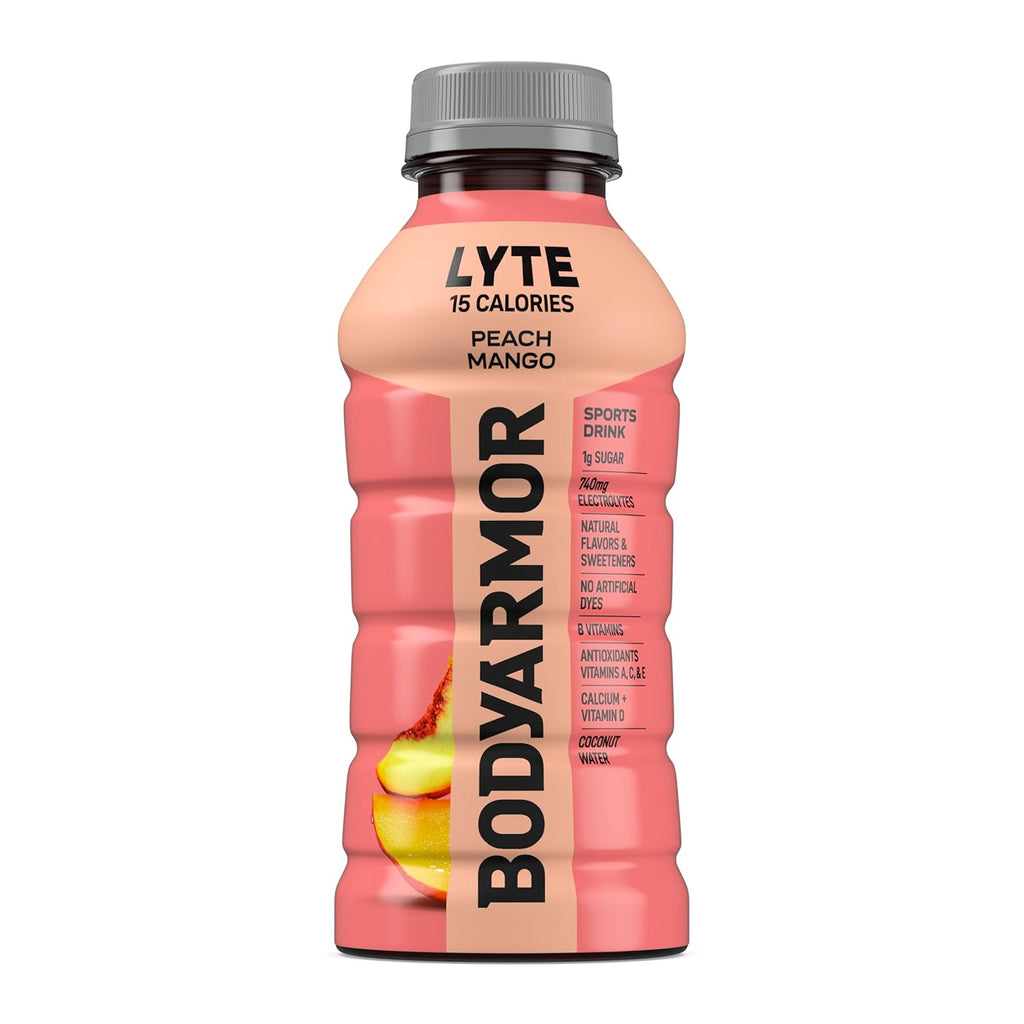 BODYARMOR LYTE, Peach Mango, Electrolyte Drink, 15 Calories, 12 Fl Oz Bottles (8 Pack), Coconut Water Sports Drink, Natural Flavor & B Vitamins