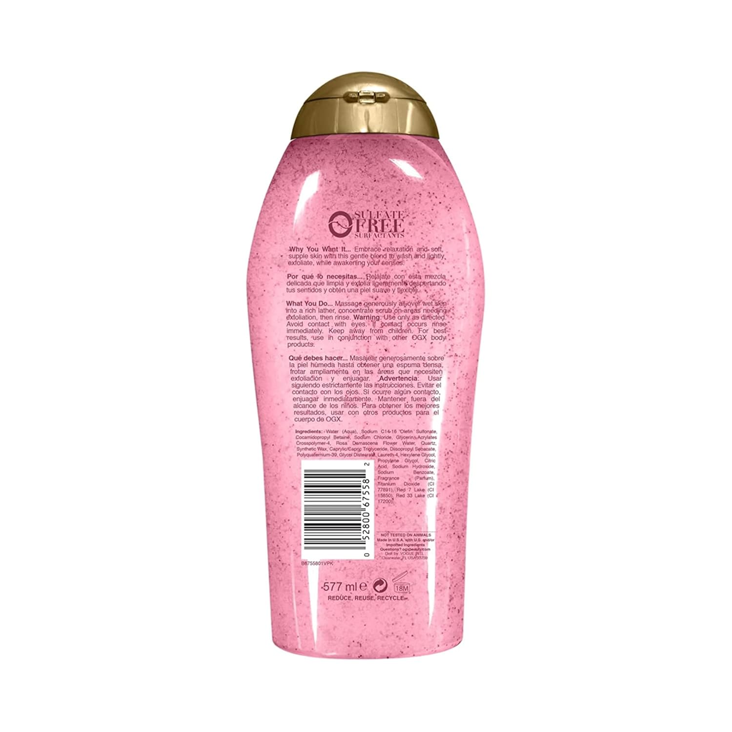 OGX Sensitive + Rose Water & Pink Sea Salt Exfoliating Body Scrub + Rose Quartz, Gentle Exfoliating Daily Body Wash Softens Skin, Body Scrub for Women, Sulfate-Free Surfactants, 19.5 fl oz