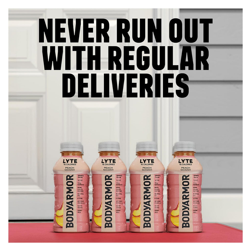 BODYARMOR LYTE, Peach Mango, Electrolyte Drink, 15 Calories, 12 Fl Oz Bottles (8 Pack), Coconut Water Sports Drink, Natural Flavor & B Vitamins