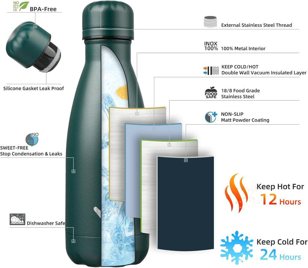 Insulated Water Bottles,12 oz Double Wall Stainless Steel Vacumm Metal Flask for Sports Travel,Army Green