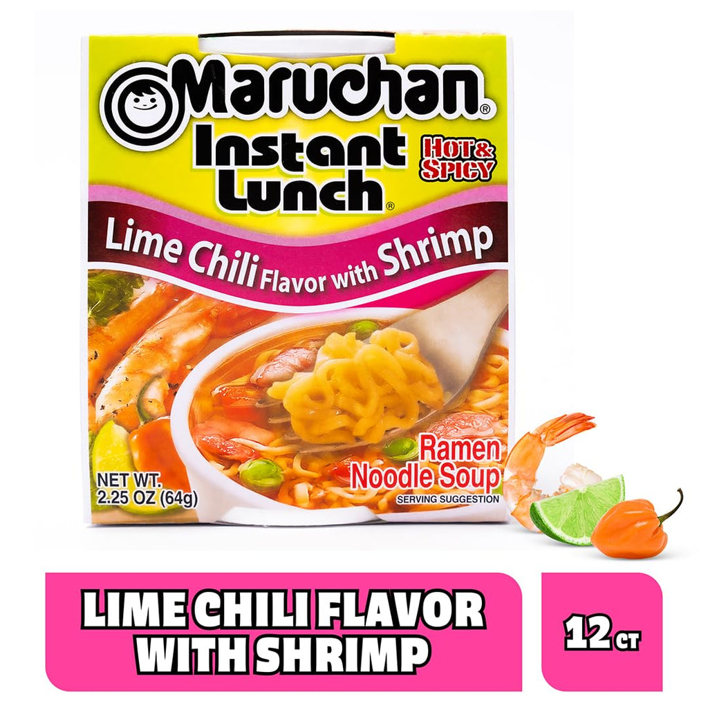 Maruchan Instant Lunch Ramen Noodles, Lime Chili with Shrimp – Japanese-Style Instant Noodle Soup, Quick & Easy Meal – 2.25 Oz Cup, Pack of 12