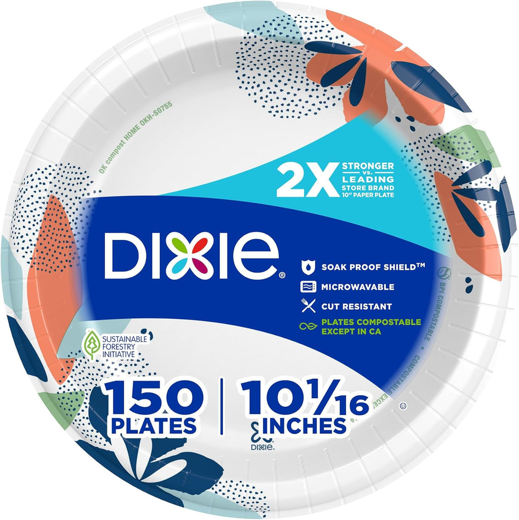 Dixie Large Paper Plates, 10 Inch, 150 Count, 2X Stronger*, Microwave-Safe, Soak-Proof, Cut