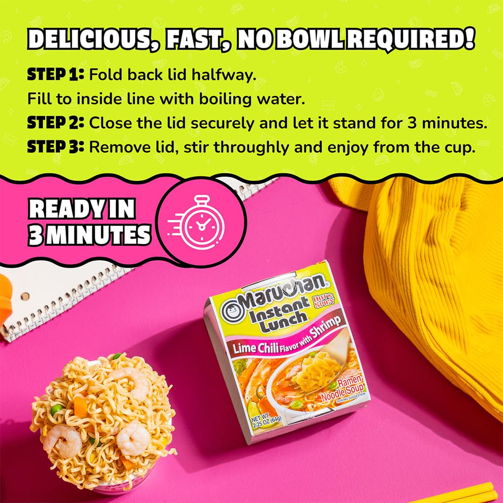 Maruchan Instant Lunch Ramen Noodles, Lime Chili with Shrimp – Japanese-Style Instant Noodle Soup, Quick & Easy Meal – 2.25 Oz Cup, Pack of 12