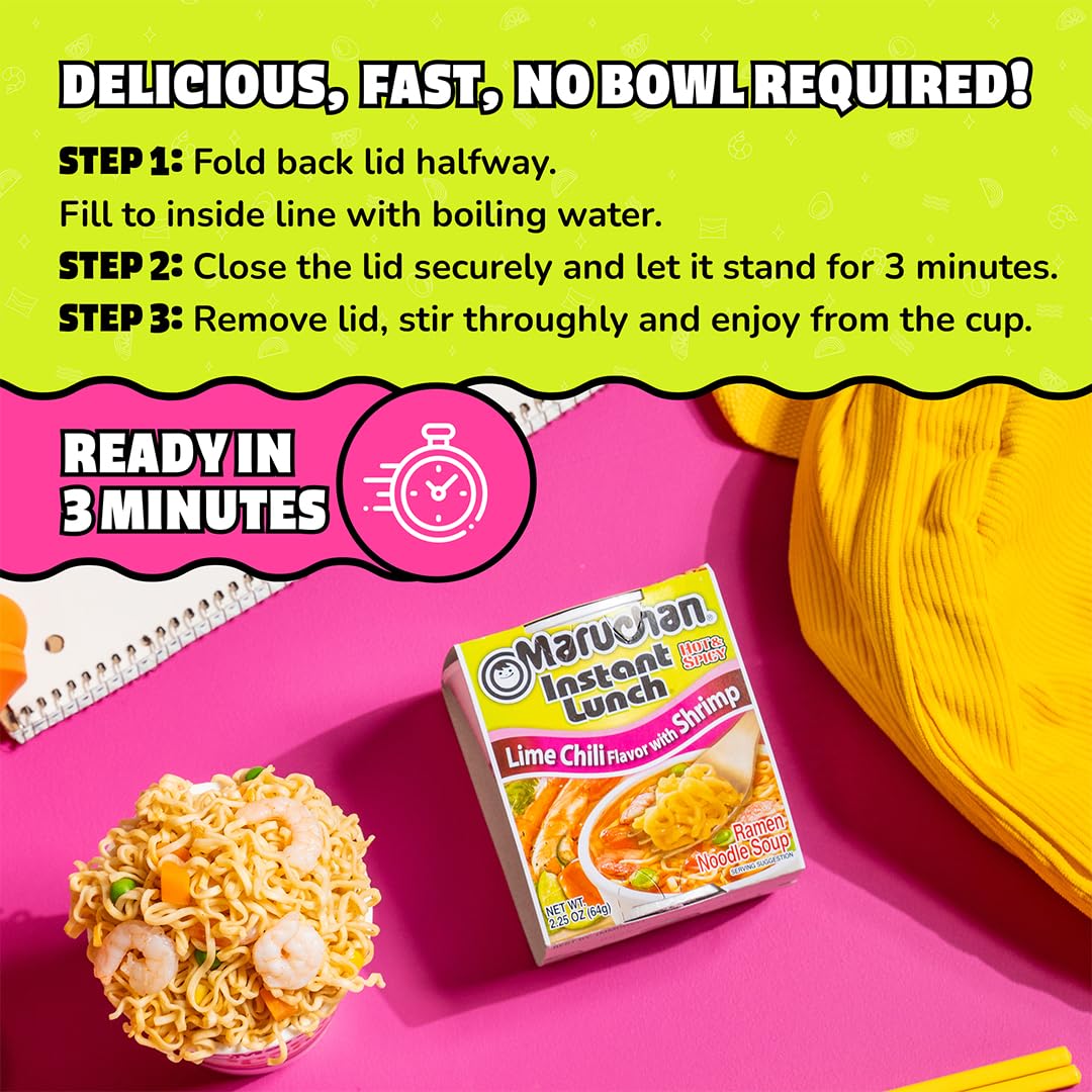 Maruchan Instant Lunch Ramen Noodles, Lime Chili with Shrimp – Japanese-Style Instant Noodle Soup, Quick & Easy Meal – 2.25 Oz Cup, Pack of 12