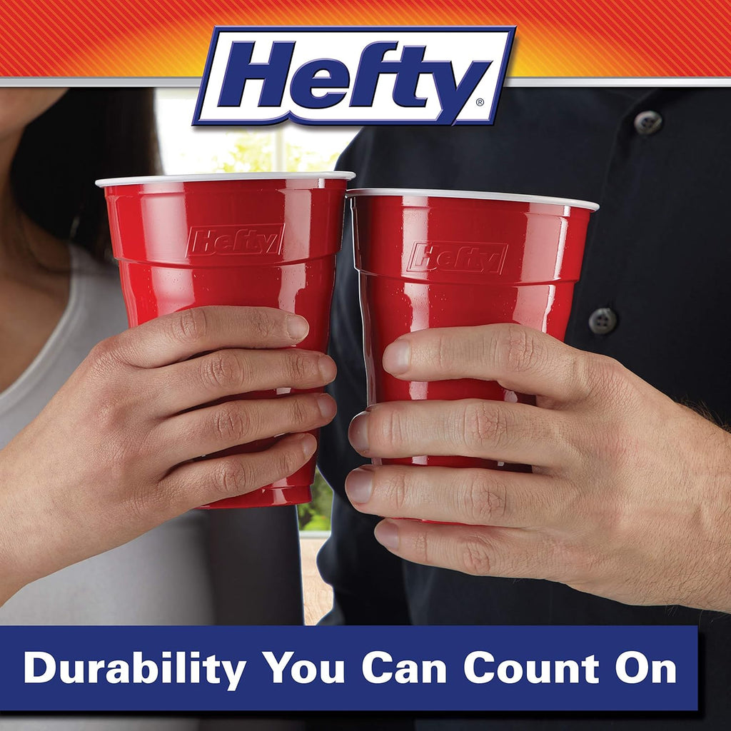 Hefty Party On Red Plastic Cups, Disposable Plastic Party Cups for Easy Cleanup and Large Gatherings, Red Cups for BBQs,