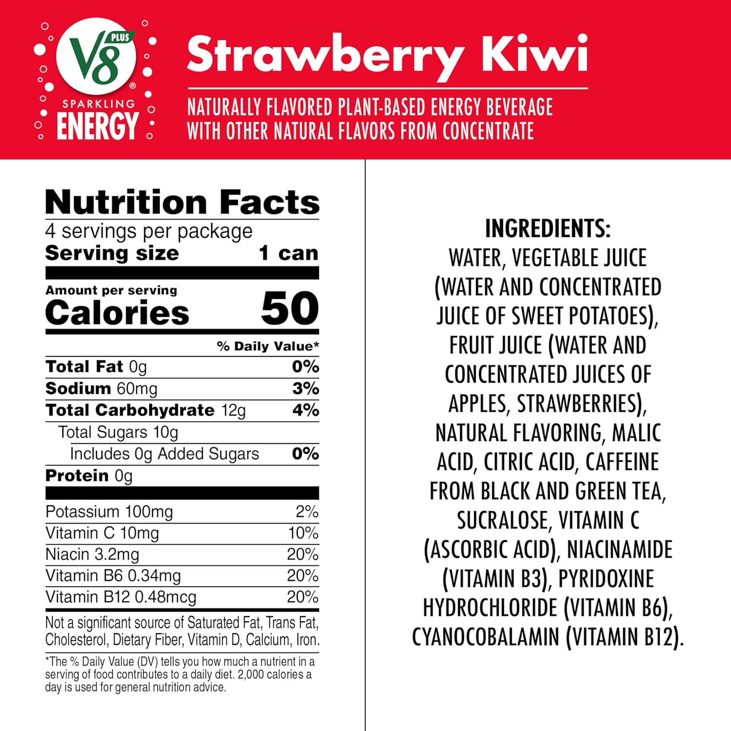 V8 +Energy Sparkling Strawberry Kiwi Juice Energy Drink, 11.5 fl oz Can (4 Pack)