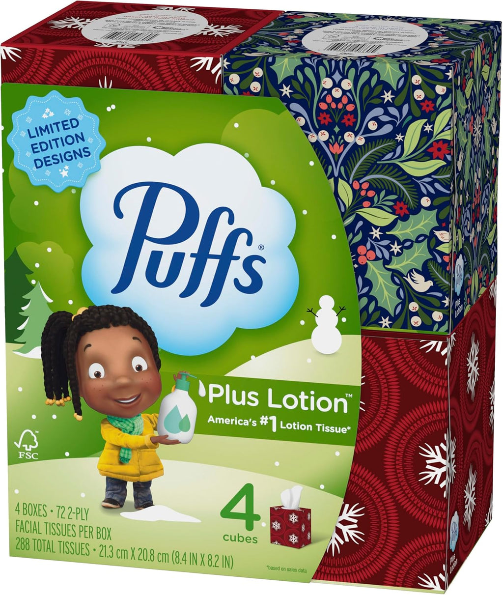 Puffs Plus Lotion Facial Tissue, 4 Mega Cube Boxes, 72 Tissues Per Box