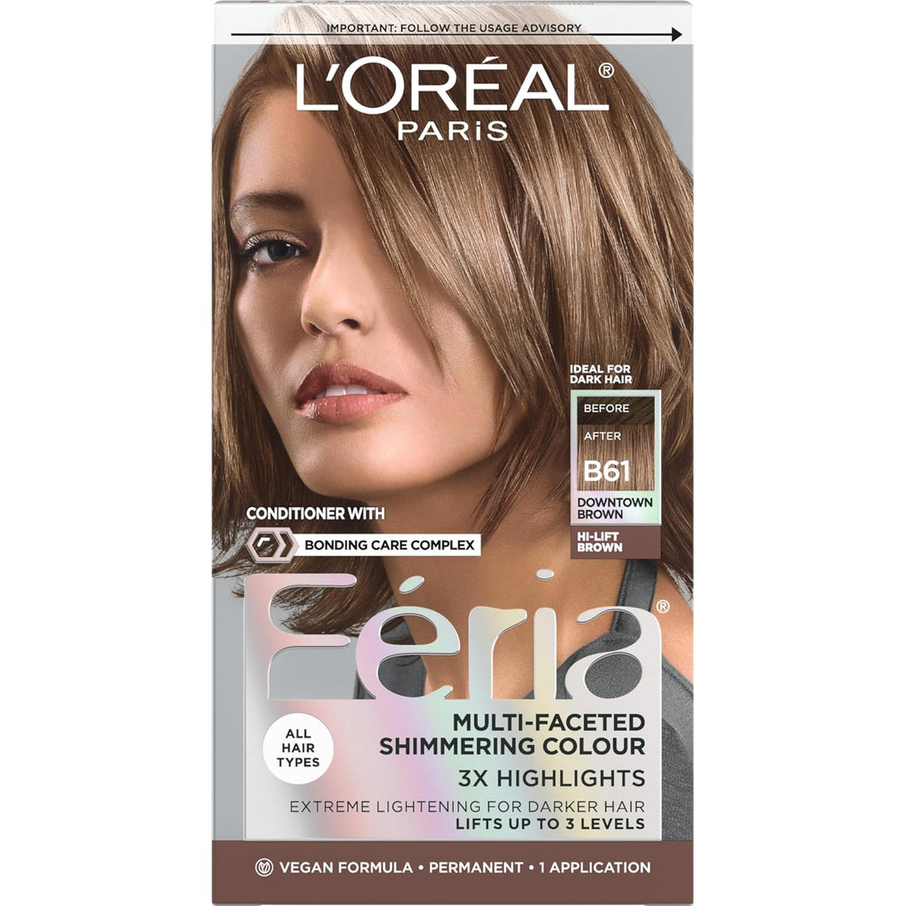 L'Oreal Paris Feria Multi-Faceted Shimmering Permanent Hair Color, B61 Downtown Brown