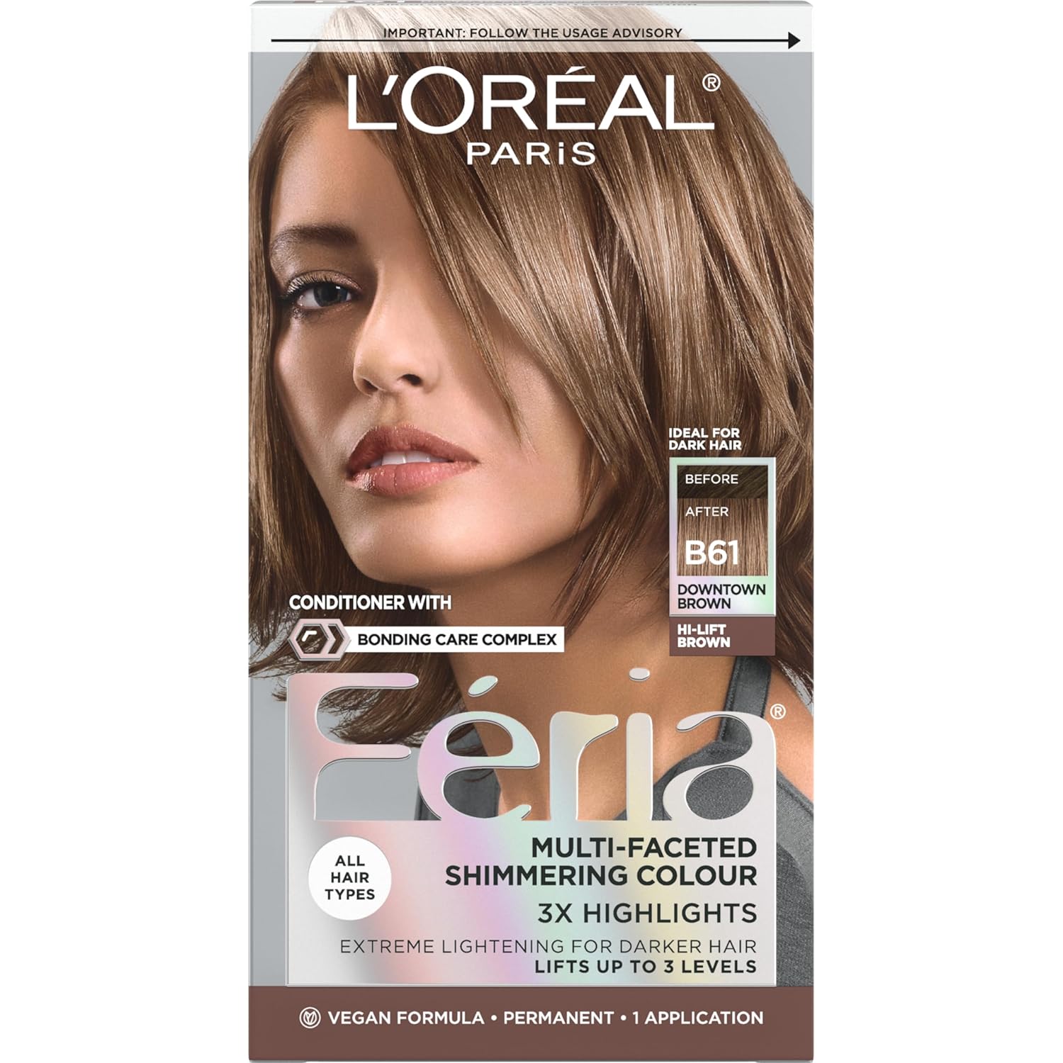 L'Oreal Paris Feria Multi-Faceted Shimmering Permanent Hair Color, B61 Downtown Brown