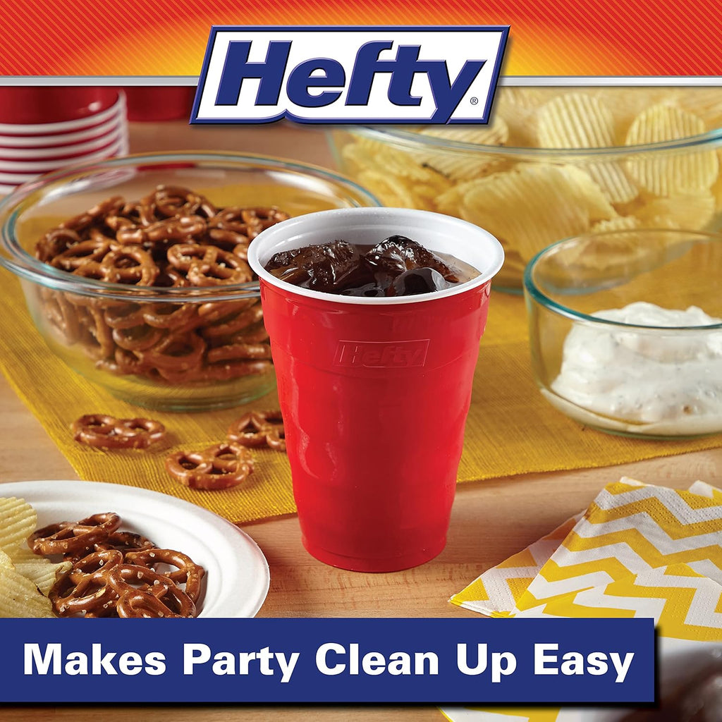 Hefty Party On Red Plastic Cups, Disposable Plastic Party Cups for Easy Cleanup and Large Gatherings, Red Cups for BBQs,