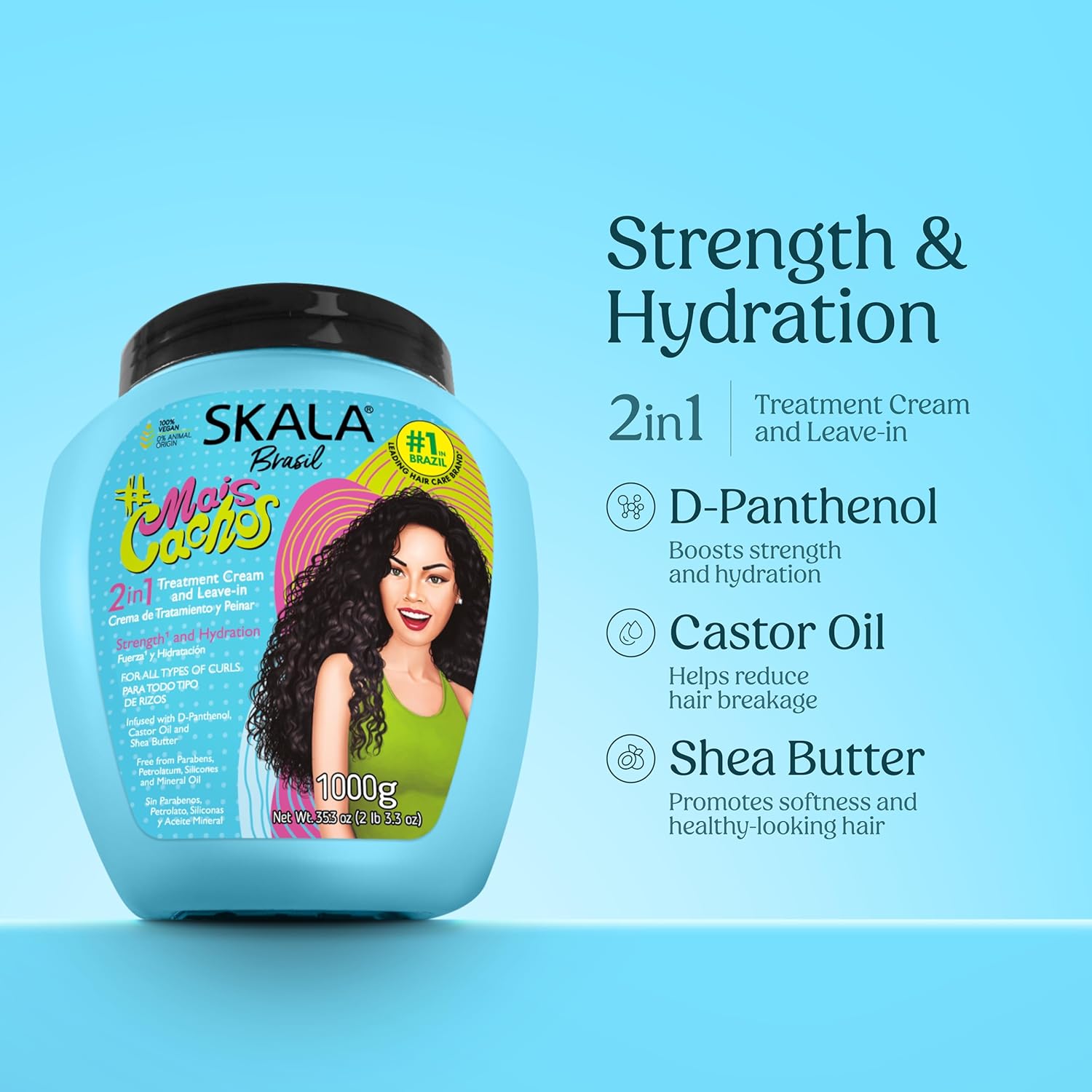SKALA Expert Mais Cachos 2 in 1 Treatment Cream & Leave In Conditioner for Curly Hair, Vegan Hair Mask, Shea Butter & Castor Oil,