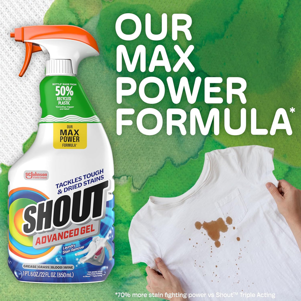 Shout Advanced Laundry Stain Remover Gel for Clothes Laundry, Breaks down stubborn, dried-in, and tough stains, 22oz Spray (Packaging May Vary)