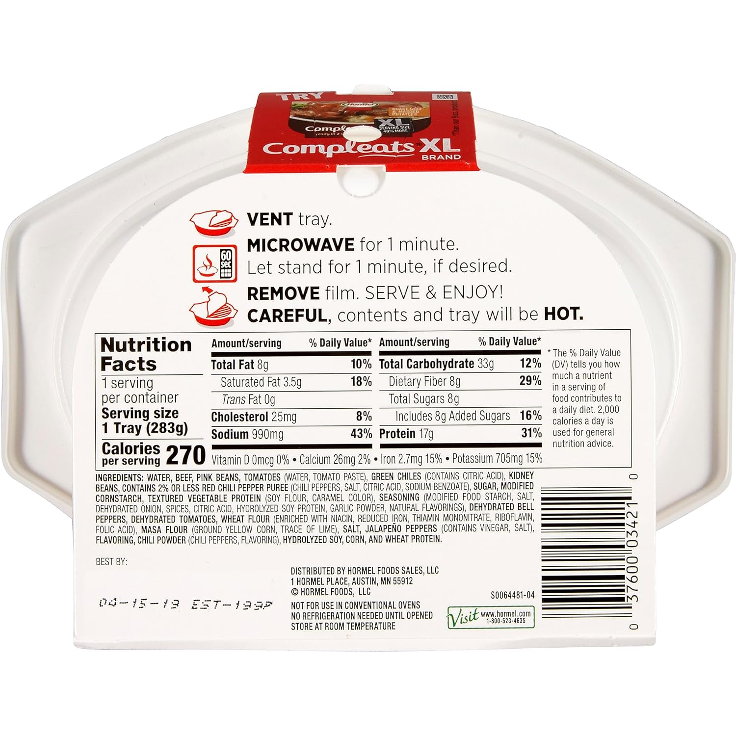 HORMEL COMPLEATS Chili with Beans Microwave Tray, 10 Ounces (Pack of 6) shipping free