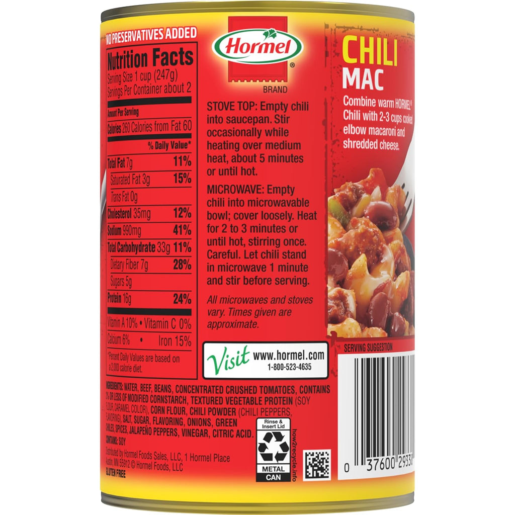 HORMEL Chili Chunky Beef Chili with Beans, No Artificial Ingredients, 15 Oz shipping free
