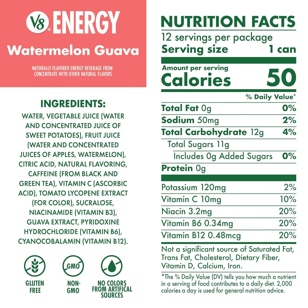 V8 Energy Watermelon Guava Energy Drink, 8 fl oz Can (12 Pack)