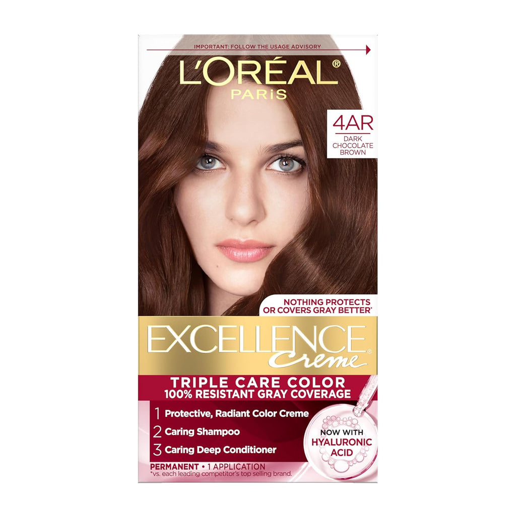 L'Oreal Paris Excellence Crème Permanent Hair Dye, Triple Care Hair Color with Hyaluronic Acid for 100% Gray Coverage, 4AR Dark Chocolate Brown