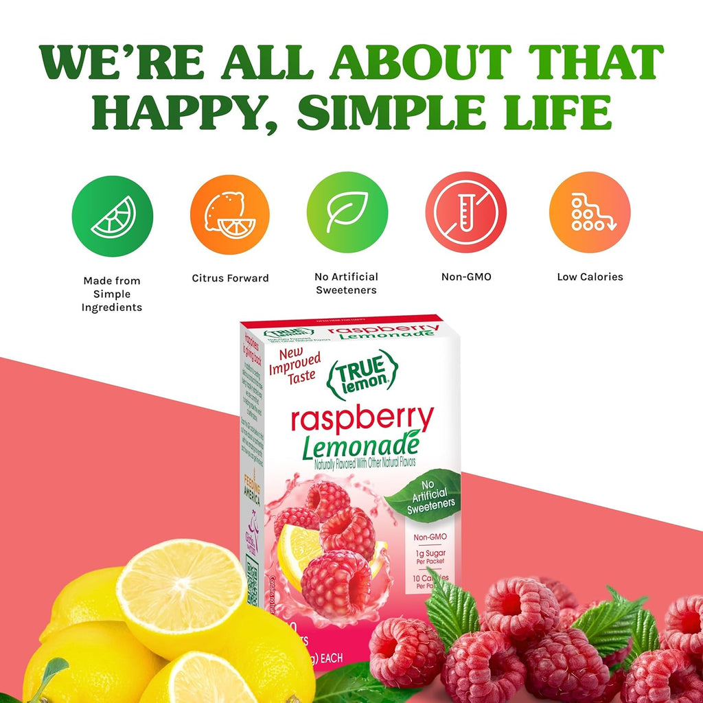 True Citrus True Lemon Raspberry Lemonade Water Enhancer Drink Mix (30ct), Low Calorie Drink Mix Packets for Water, Powdered Drink Mixes & Flavors, Individual Drink Packets, Water Flavor with Stevia