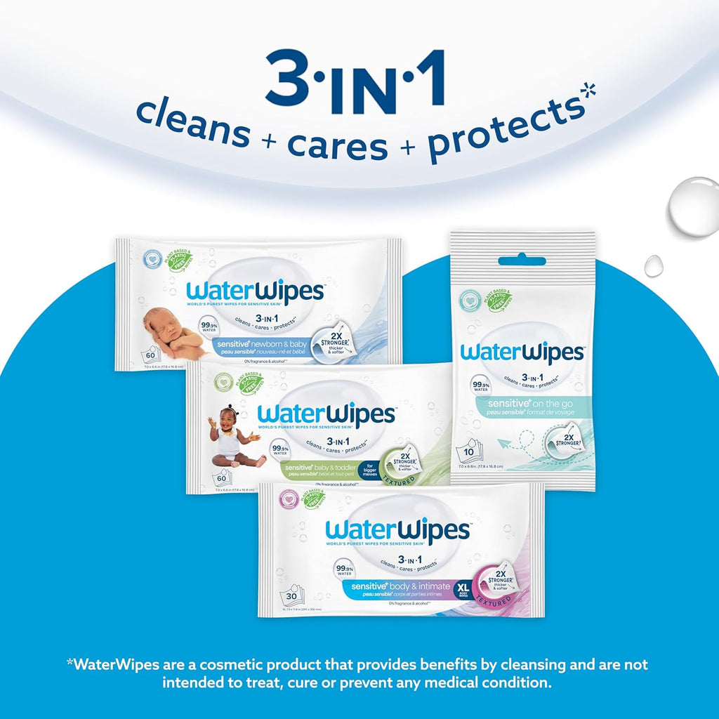 WaterWipes Sensitive+ Baby & Toddler Wipes, 3-In-1 Cleans, Cares, Protects, 99.9% Water, Textured Clean, Unscented & Hypoallergenic, 60 Count (1 Pack)