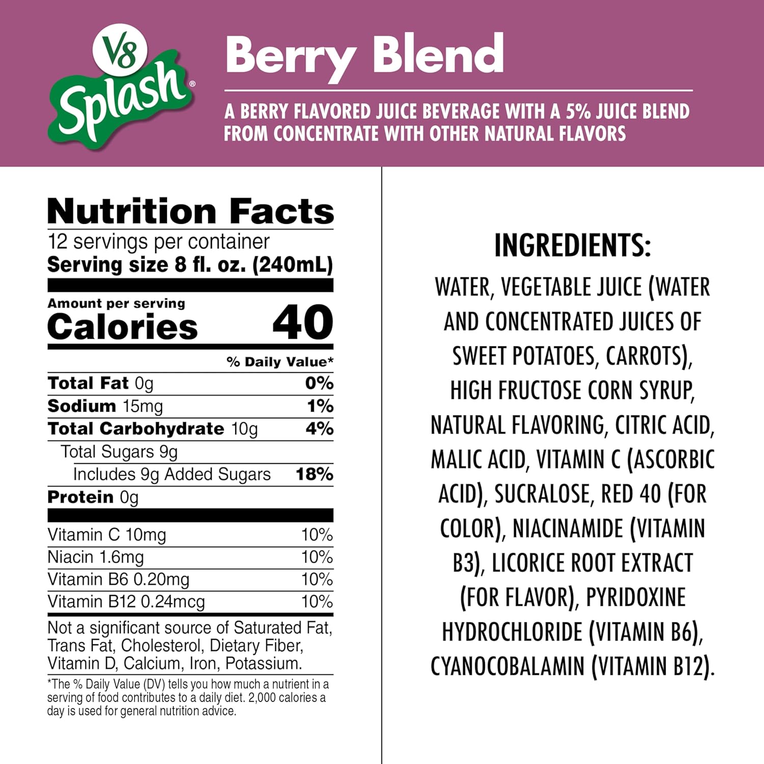 V8 Splash Berry Blend Flavored Beverage, 96 fl oz Bottle