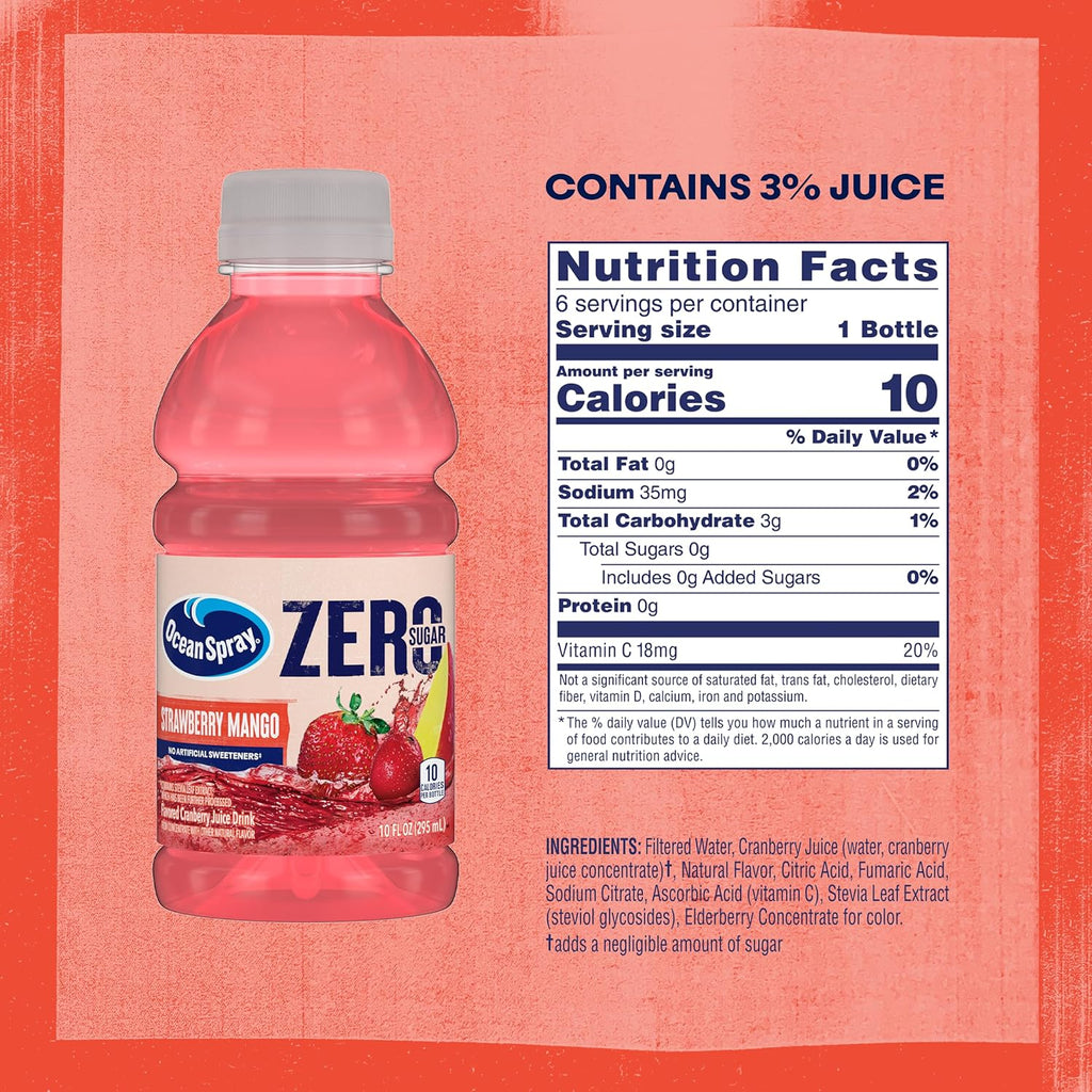 Ocean Spray® ZERO Sugar Strawberry Mango Juice Drink, Strawberry Mango Juice Drink Sweetened with Stevia, 10 Fl Oz Bottle, 6 Count (Pack of 1)